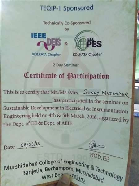 Certificate of participation in the seminar on sustainable development in Electrical and instrumentation ENGINEERING 