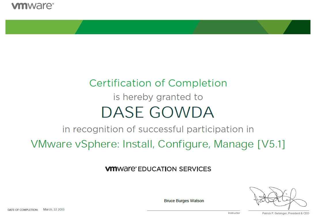 My VCP course completion certificate.