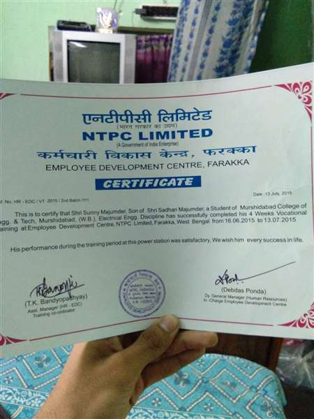 Certificate on industrial summer training from NTPC LTD 