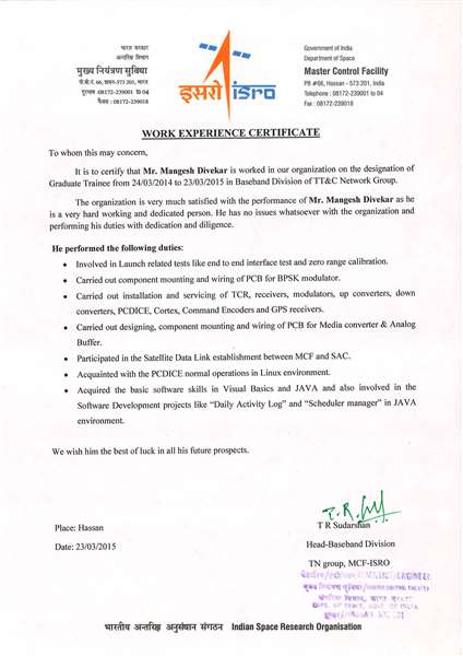experience certificate from mcf isro govt of india dept of experience certificate