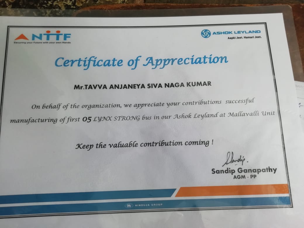 ASHOK LEYLAND 5 BUSES APPERCIATE CERTIFICATE Youth4work Portfolios