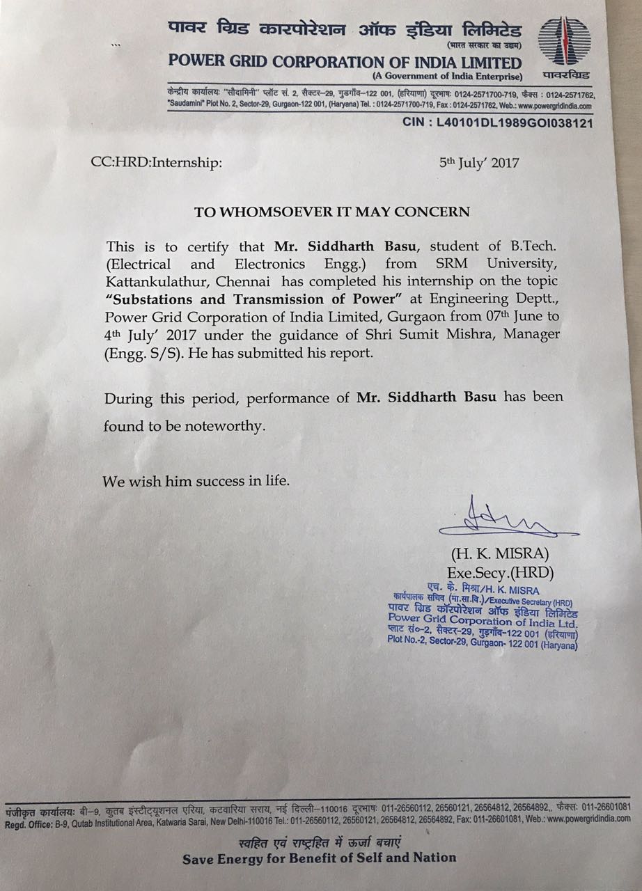 Training Certificate- Internship (Power grid Corporation of India)